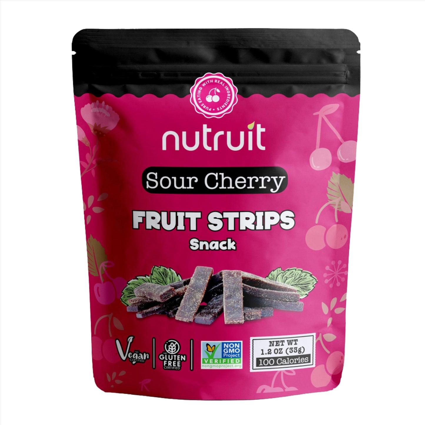 Nutruit Sour Cherry Fruit Strips Snack (Pack of 20), Healthy Fruit Snack, Vegan, Gluten Free, Non GMO, Plant Based, High Fiber, 1.1 oz Packs