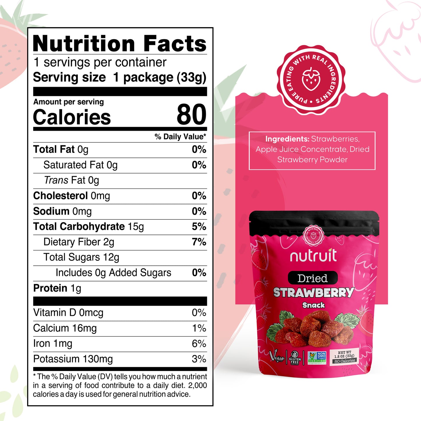 Nutruit Dried Strawberry Snack (Pack of 20) No Added Sugar, Healthy Fruit Snacks, Fresh, Vegan, Gluten Free, Non GMO, Plant Based, High Fiber, 1.1 oz Packs