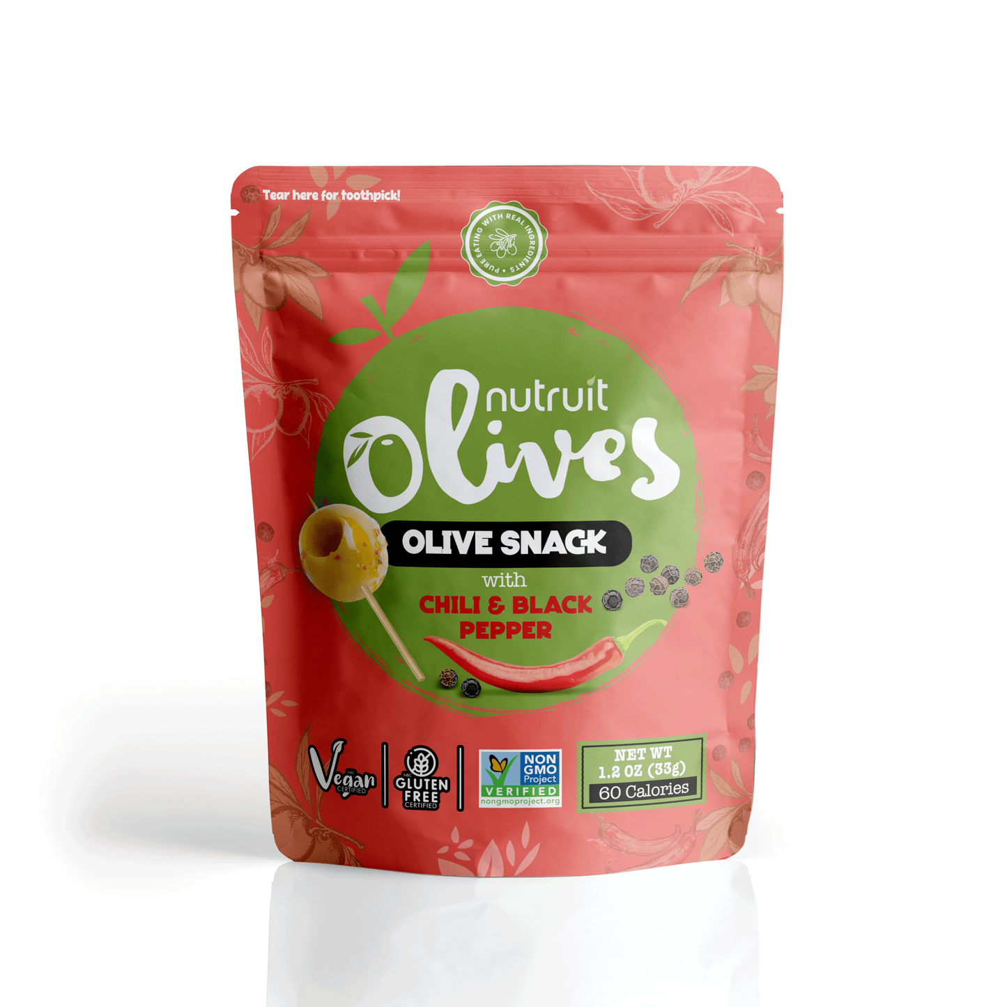 Nutruit Olive Snack (Chili & Black Pepper) Special Toothpick on top packs (20 Pack)