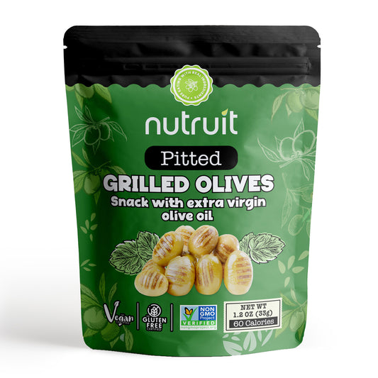 Nutruit Grilled Green Olive Snack (20 Packs) Healthy Olive Snack, No Sugar Added, Vegan, Gluten Free, Non GMO, Kosher, High Protein, Plant Based, High Fiber, Snack Gift Box 1.2oz Premium Packs