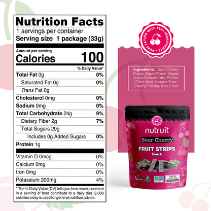 Nutruit Sour Cherry Fruit Strips Snack (Pack of 20), Healthy Fruit Snack, Vegan, Gluten Free, Non GMO, Plant Based, High Fiber, 1.1 oz Packs